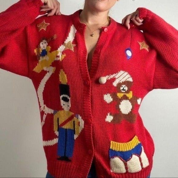 VINTAGE Grandma Holiday Cardigan Knit Pockets L